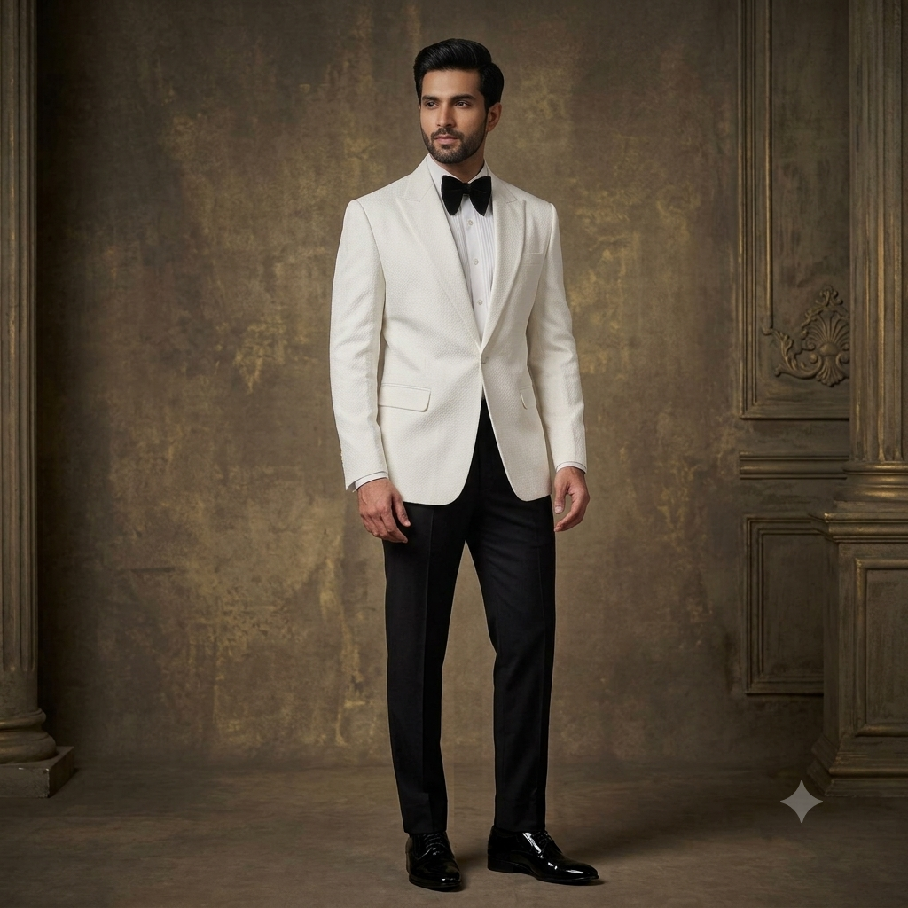 Warm White Peak Collar Suit with Black Trouser