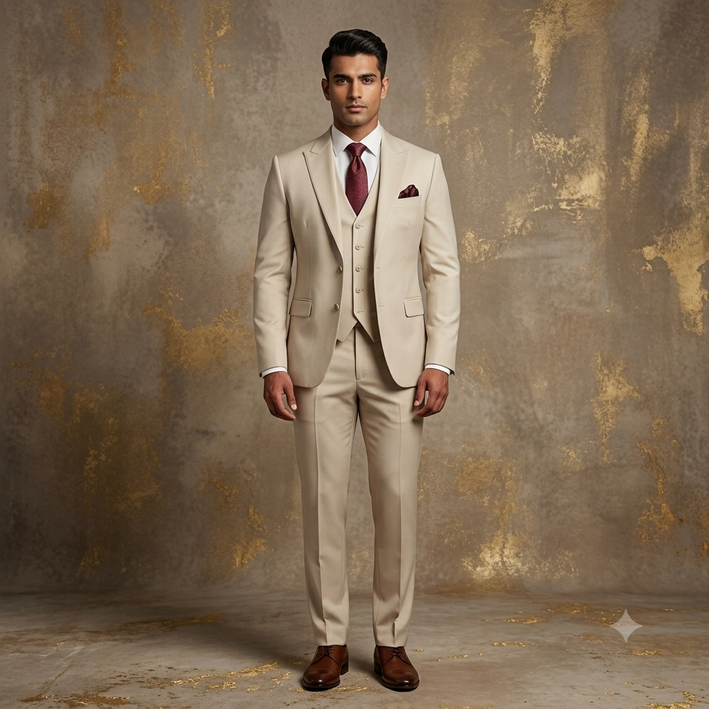 The Peak Collar Three Piece Suit Ivory
