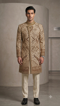 The Imperial Antique Gold Hand-Embroidered Dabka Peacock Shervani