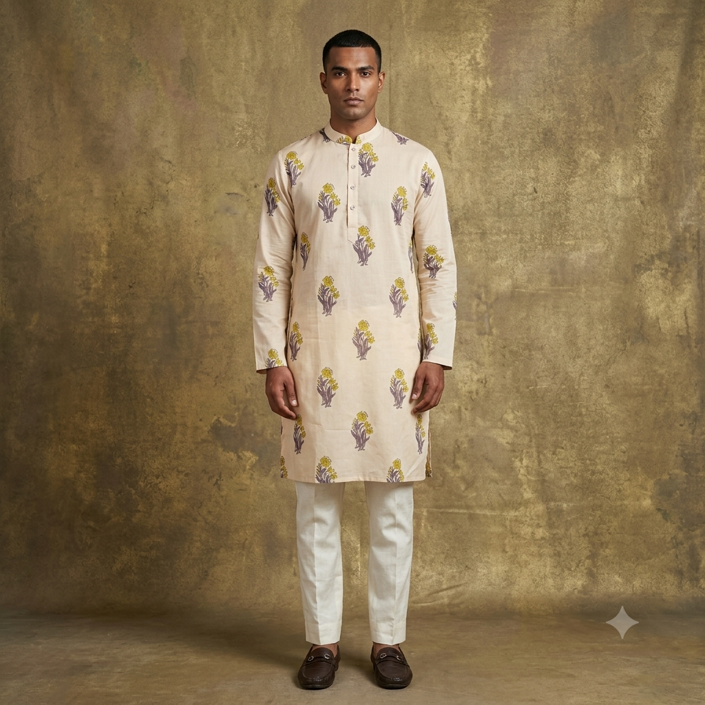 The Cream Artisan Hand-Block Italian Cotton Kurta Set