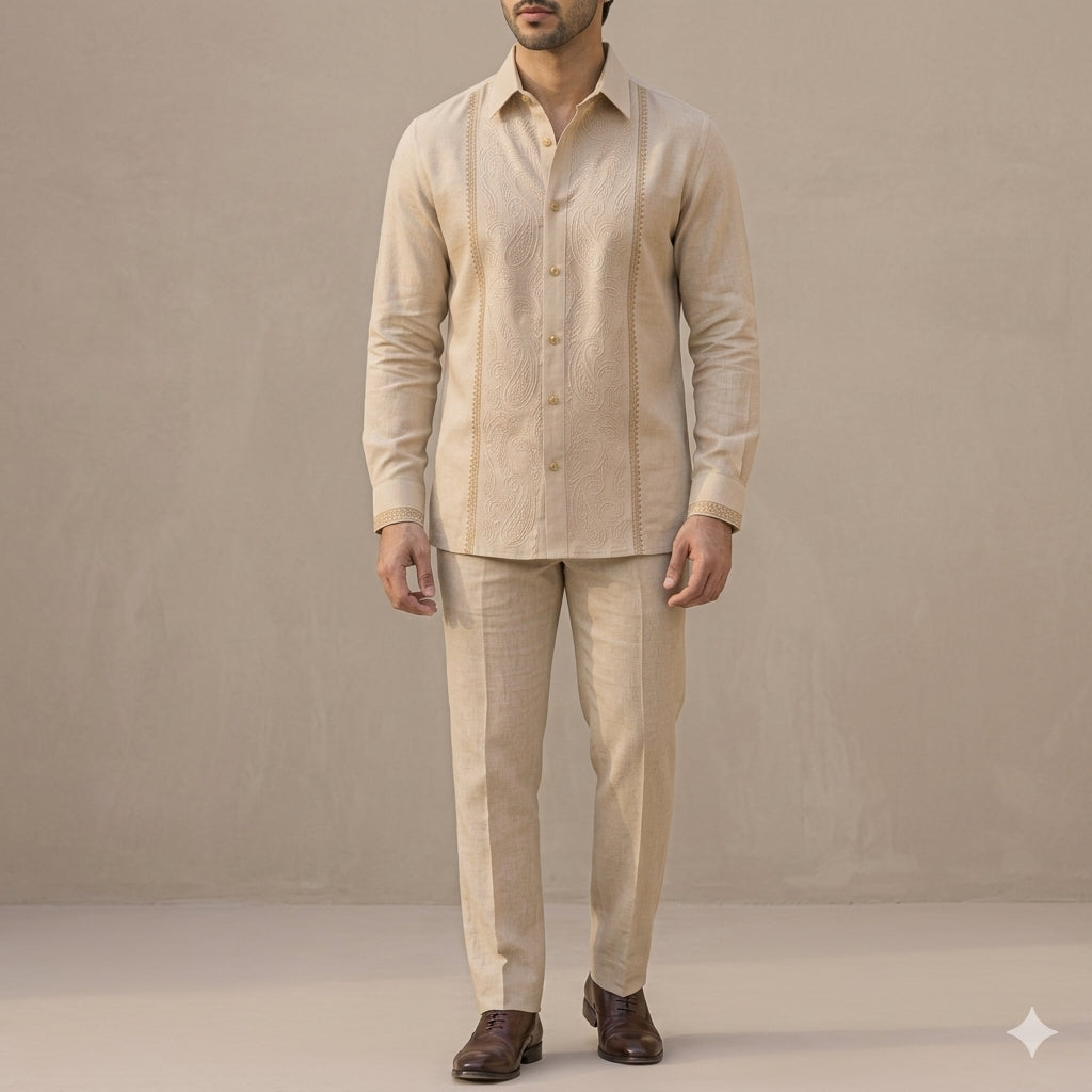 Beige Formal Linen Shirt with embroidery