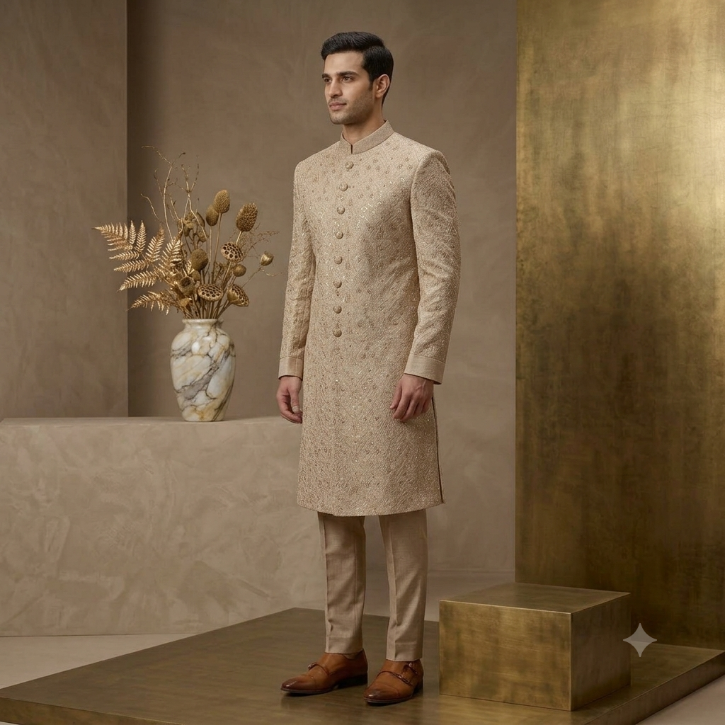 The Imperial Champagne Silk Embellished Groom Shervani