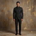 The Midnight Black Layered-Lapel Jodhpuri Suit with Embroidered Collar
