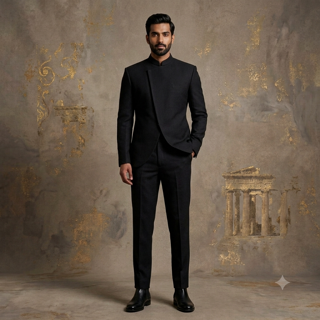 The Minimalist Jet Black Extended-Front Concealed-Placket Jodhpuri Suit