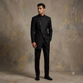 The Jet Black Asymmetric Extended-Front Jodhpuri Suit with Metallic Accent Buttons
