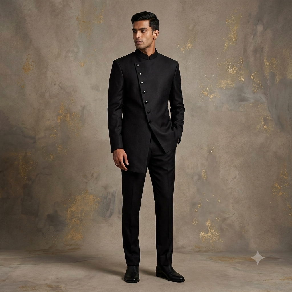 The Jet Black Asymmetric Extended-Front Jodhpuri Suit with Metallic Accent Buttons
