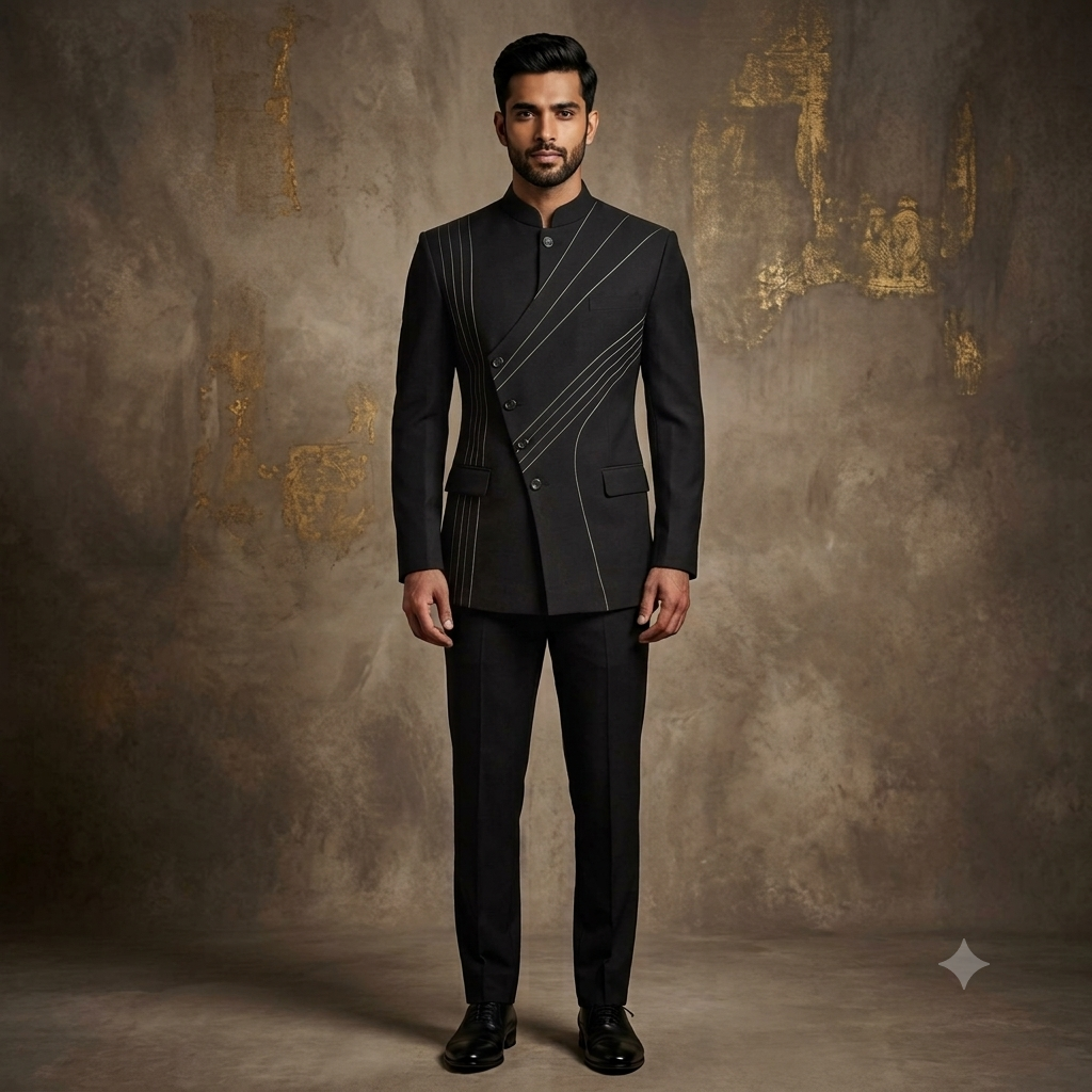 The Jet Black Linear Graphic Extended-Front Jodhpuri Suit