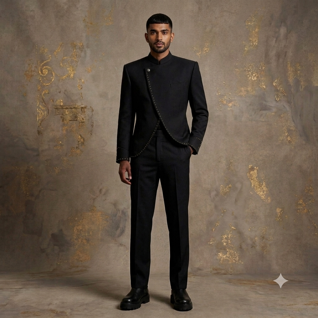 The Jet Black Asymmetric Crossover Jodhpuri Suit with Metallic Embroidered Edge