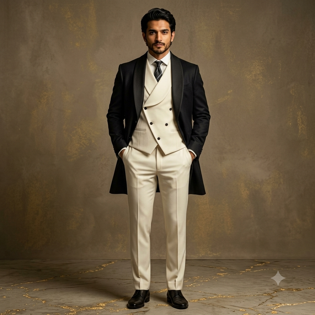 Designer Black and Ivory Long Tuxedo with Double Breasted Jacket