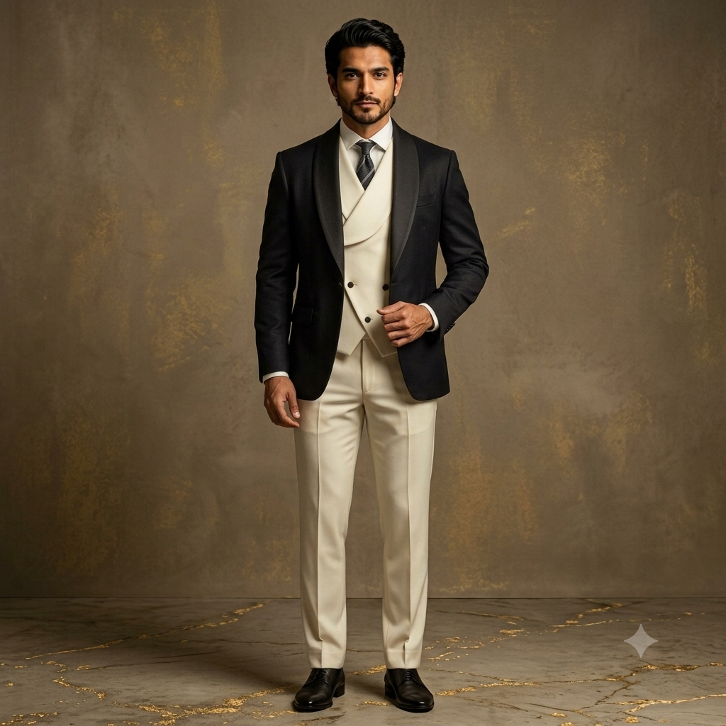 Designer Black and Ivory Tuxedo Double Breasted 3 Piece Suit