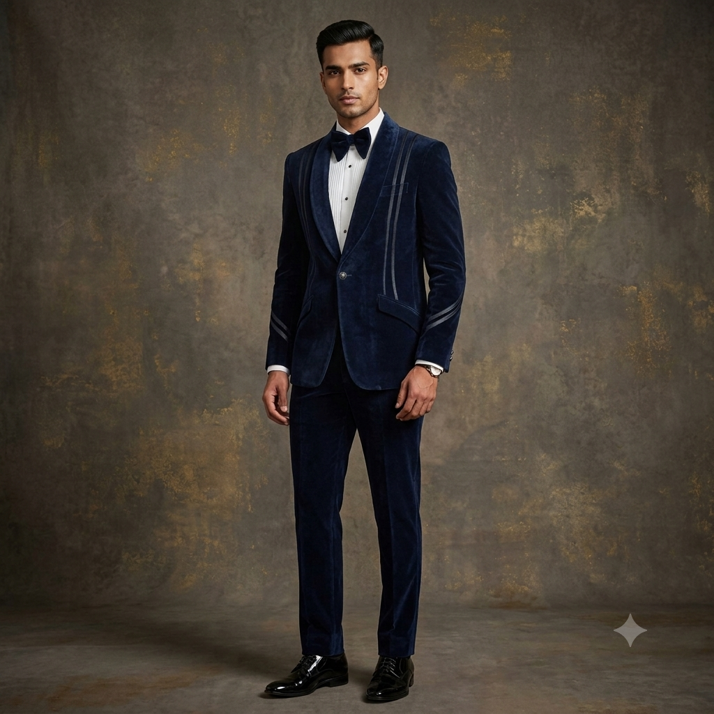 Designer Blue Velvet Tuxedo with Styled Tape Design