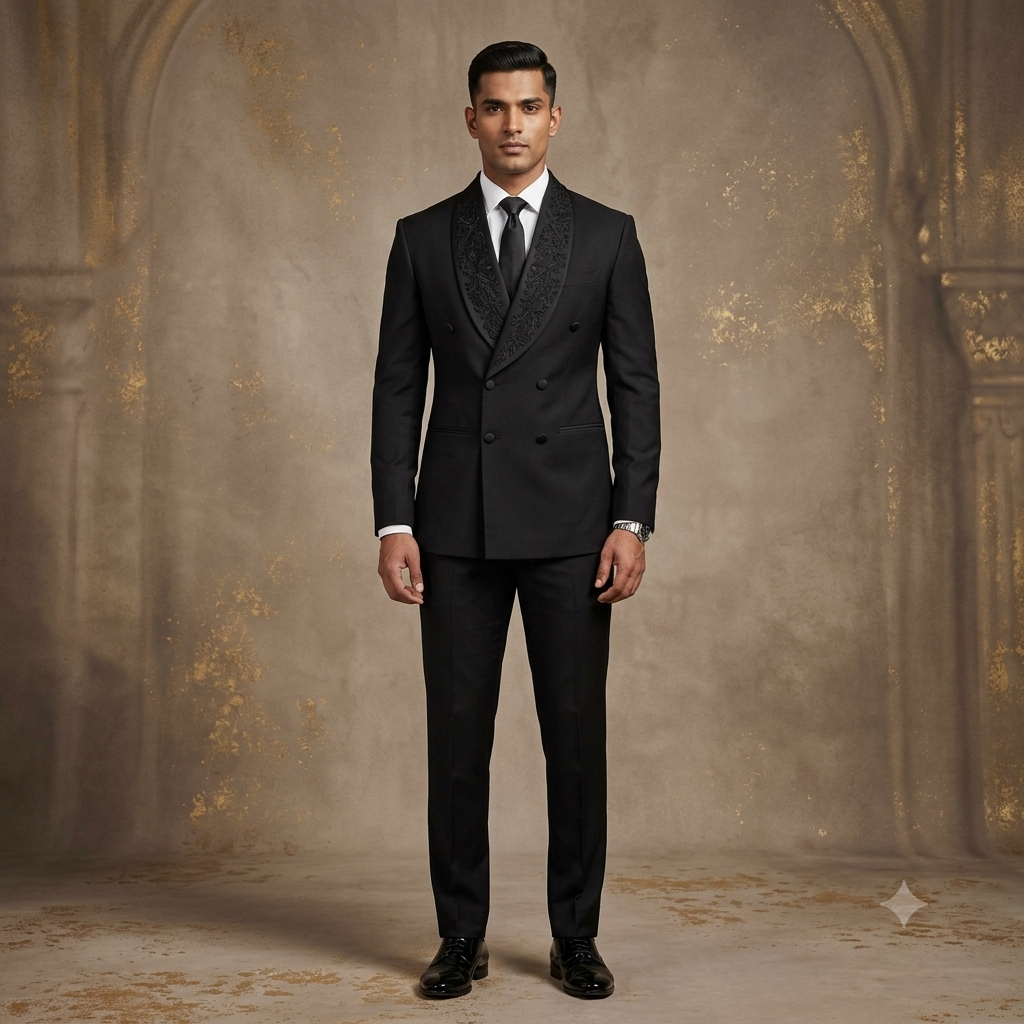 Black Double-Breasted Tuxedo with Intricate Embroidered Lapel