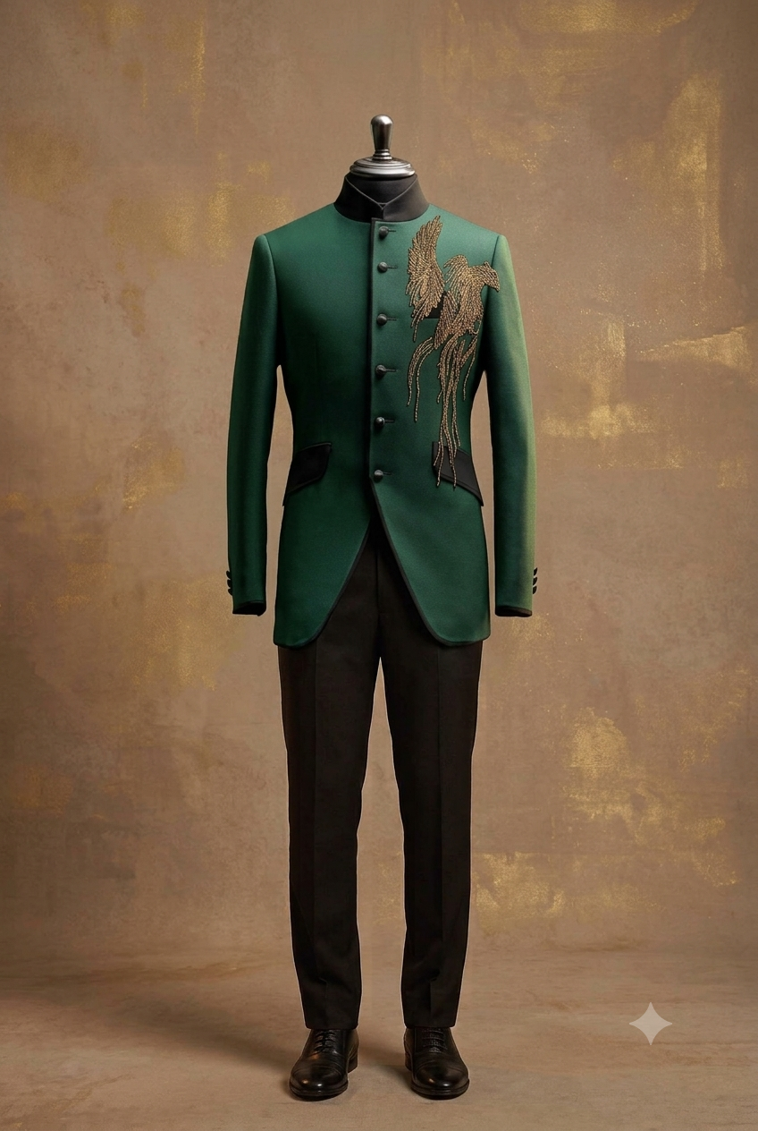 The Emerald Green Jodhpuri Suit with Gold Phoenix Hand-Embroidery