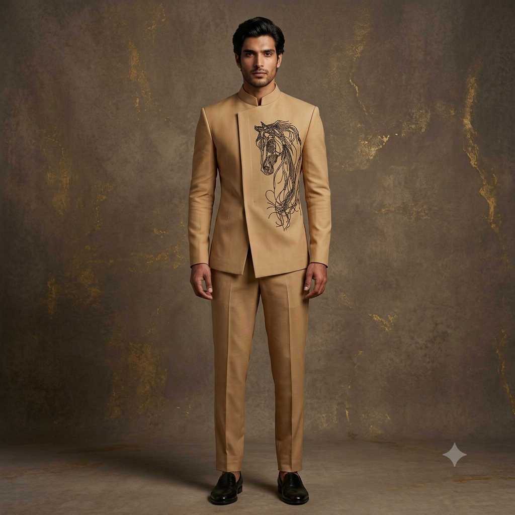 The Camel Tan Extended-Front Stallion Embroidered Jodhpuri Suit