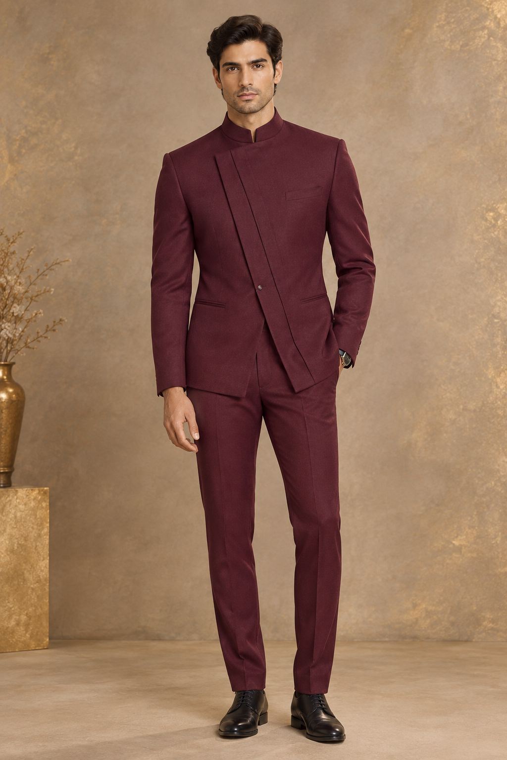 The Deep Wine Extended-Front Architectural Jodhpuri Suit