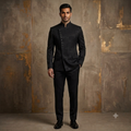 The Jet Black Geometric Textured Extended-Front Jodhpuri Suit