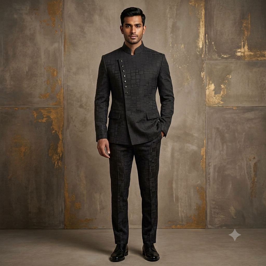 The Jet Black Geometric Textured Extended-Front Jodhpuri Suit same Trouser