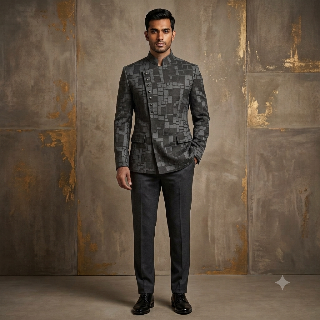 The Jet Black Geometric Textured Extended-Front Jodhpuri Suit