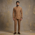 The Camel Tan Curved Overlap Jodhpuri Suit with Embroidered Border