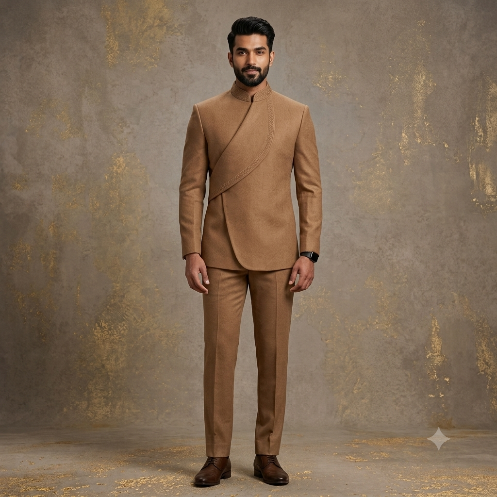 The Camel Tan Curved Overlap Jodhpuri Suit with Embroidered Border