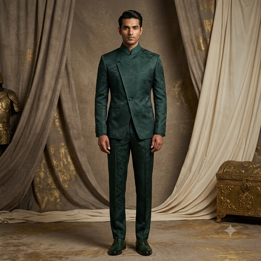 The Emerald Jacquard Asymmetric Extended-Front Jodhpuri Suit