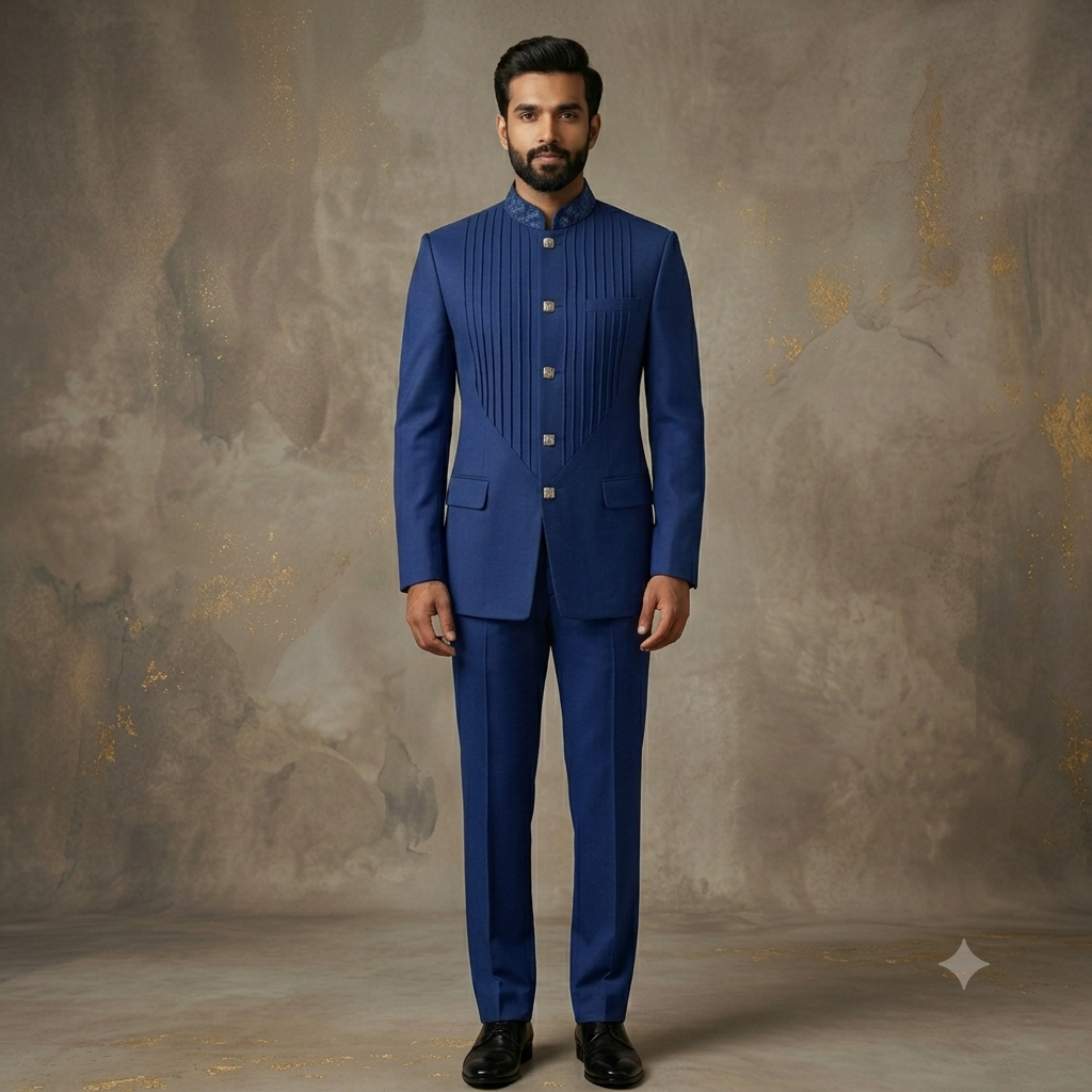 The Royal Blue Pintucked Jodhpuri Suit with Embroidered Collar