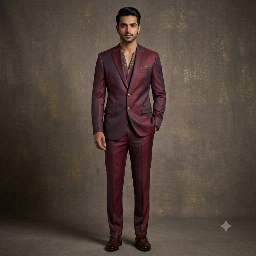 Wine Two-Tone Metallic Sheen Peak Lapel Suit