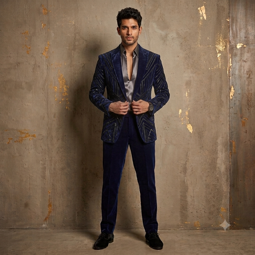 The Celestial Navy Blue Velvet Embellished Tuxedo