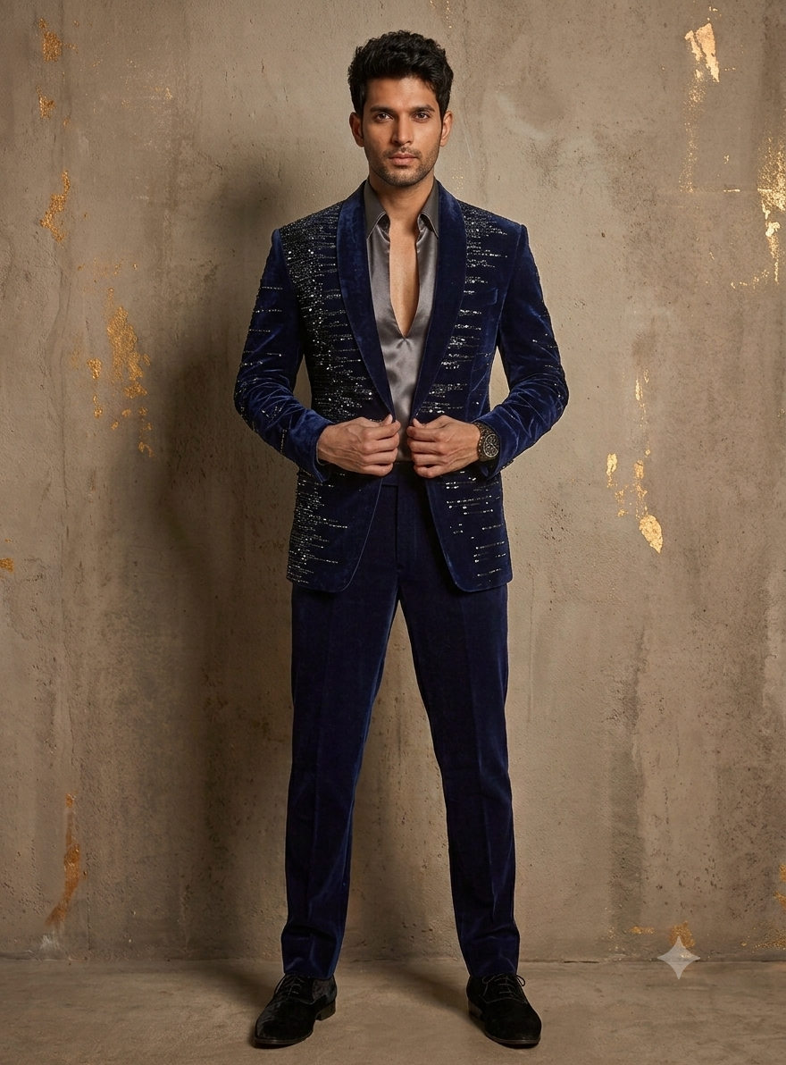 The Galaxy Blue Velvet Sequin Embellished Tuxedo