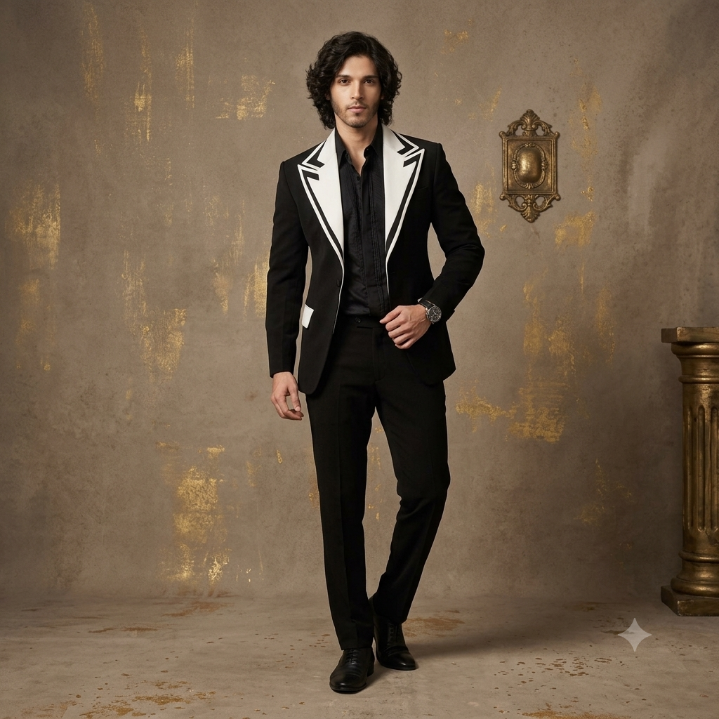 Sculpted White Lapel Black Velvet Designer Suit