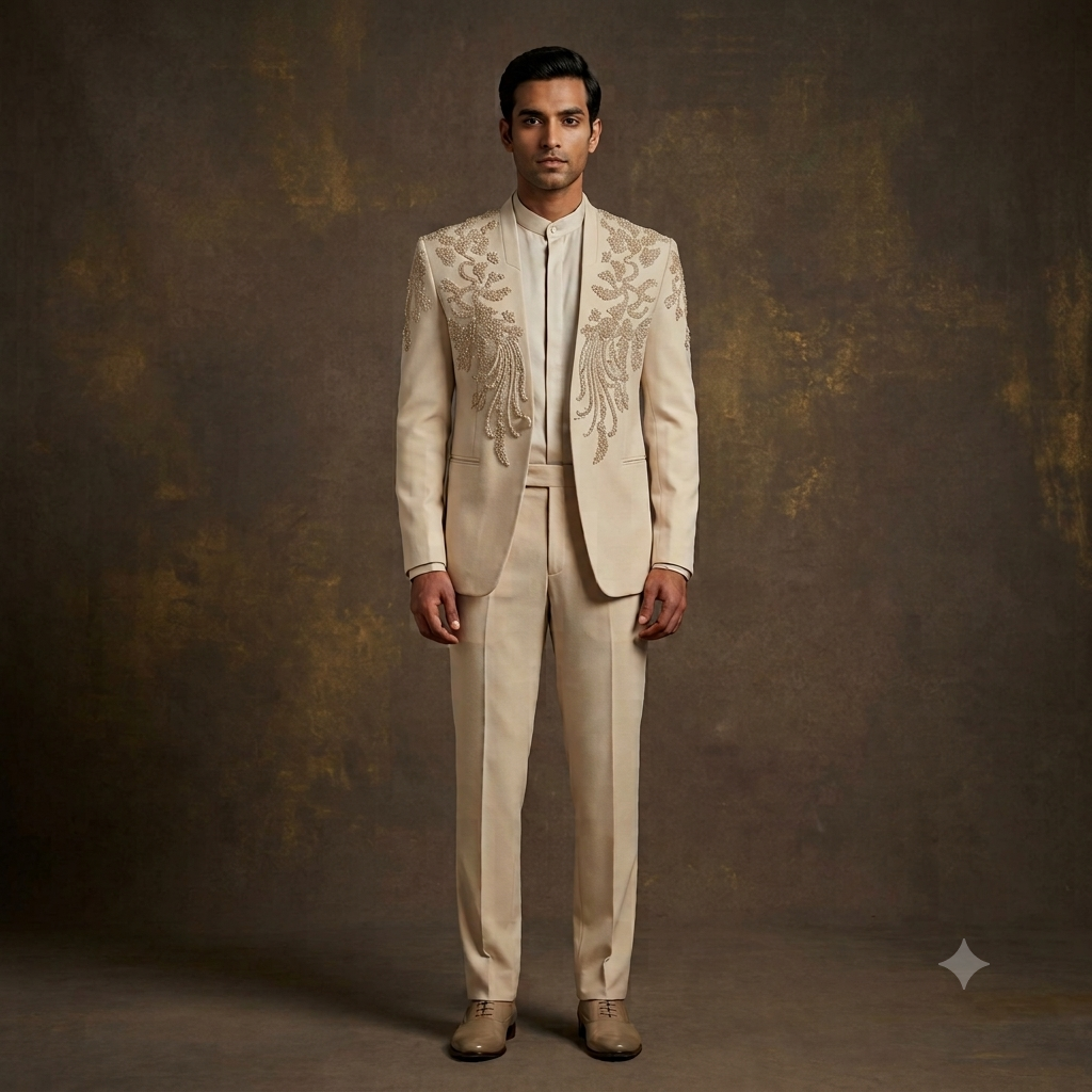 The Ivory Imperial Collar Beaded Open Jacket Set