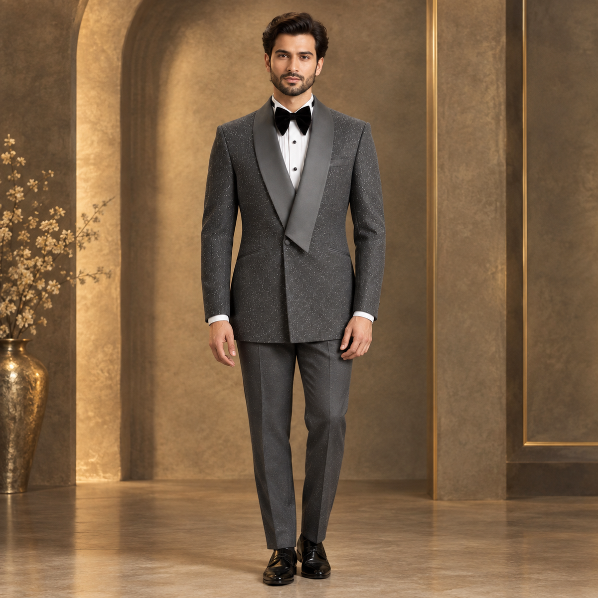 Designer Tuxedo Suit  with asymmetrical satin shawl collar
