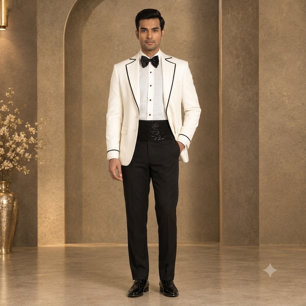 Designer Tuxedo White with Black Piping