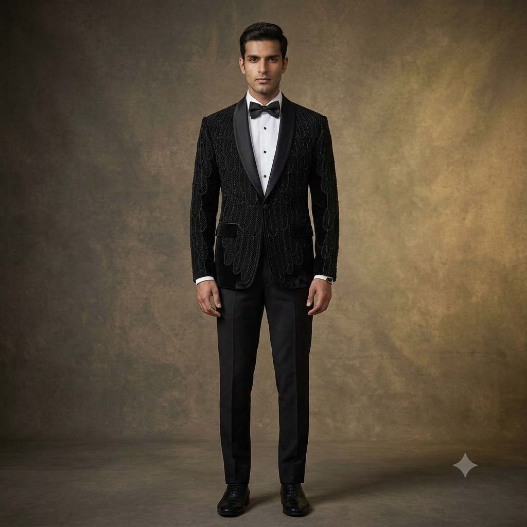 Designer Tuxedo with All Over Feather inspired Embroidery