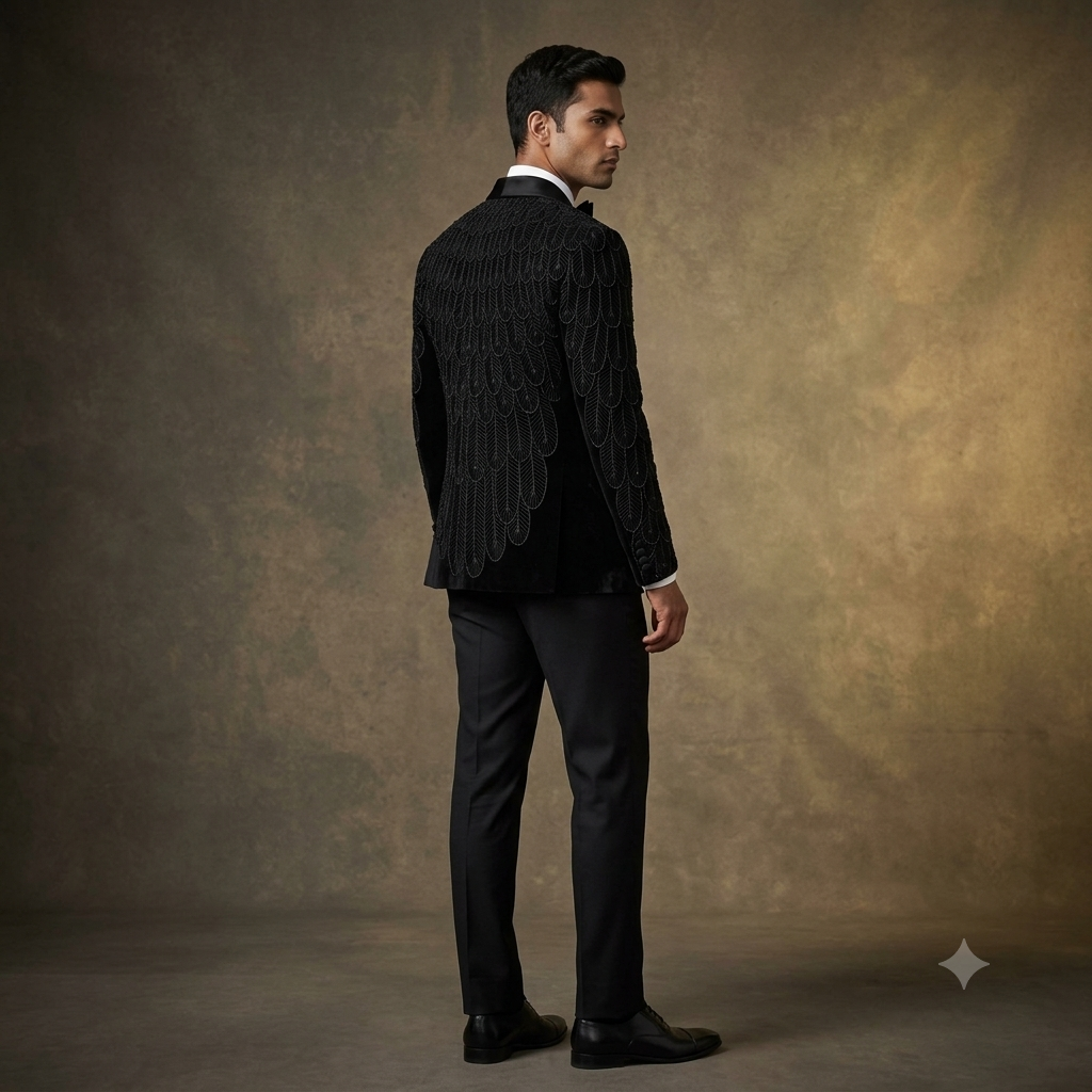 Designer Tuxedo with All Over Feather inspired Embroidery