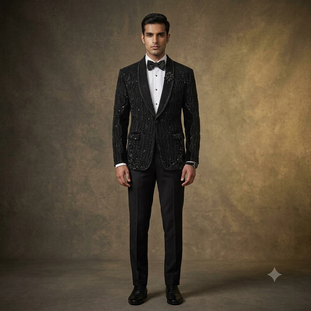 Designer Tuxedo All Over Feather Inspired Beaded & Sequenced Hand Embroidery