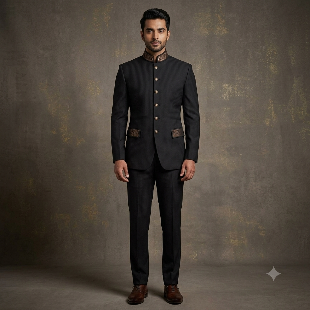 The Emerald Jacquard Asymmetric Extended-Front Jodhpuri Suit