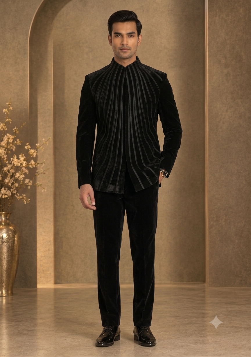 The Midnight Black Plush Velvet Jodhpuri Suit with Radiating Satin Tape Detailing