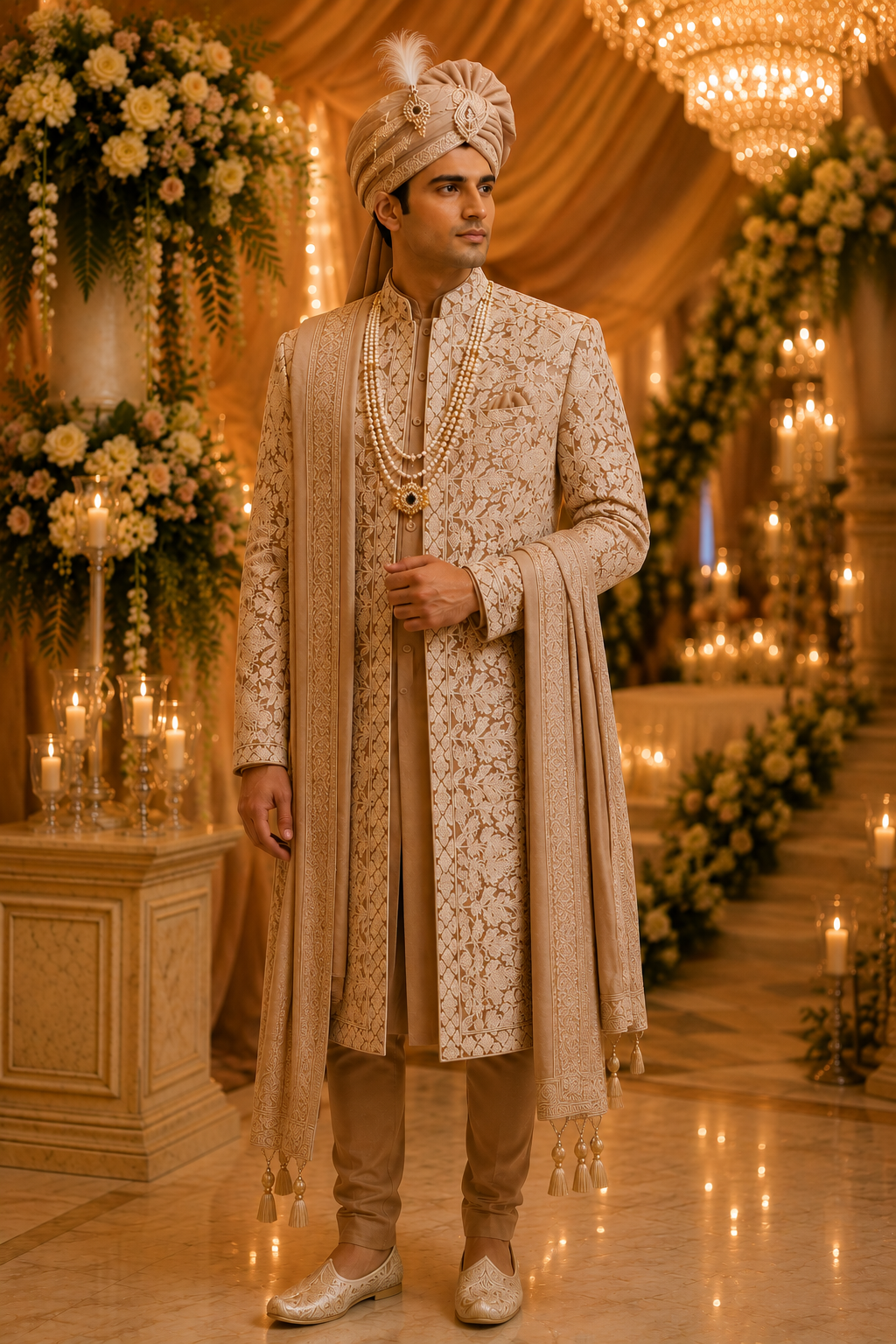 All over embroidered Shervani with complete look.
