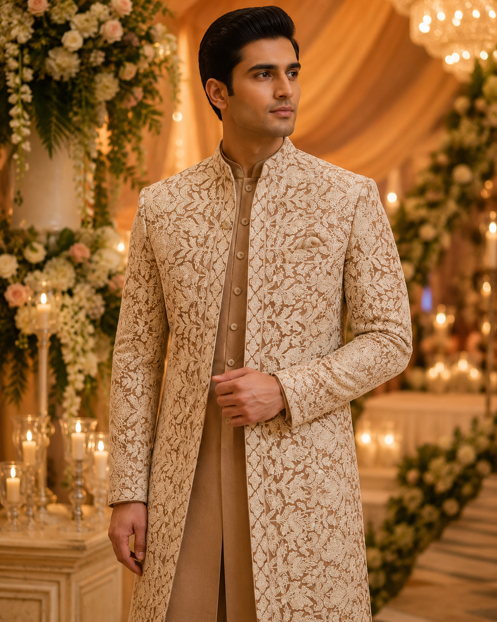 All over embroidered Shervani with complete look.