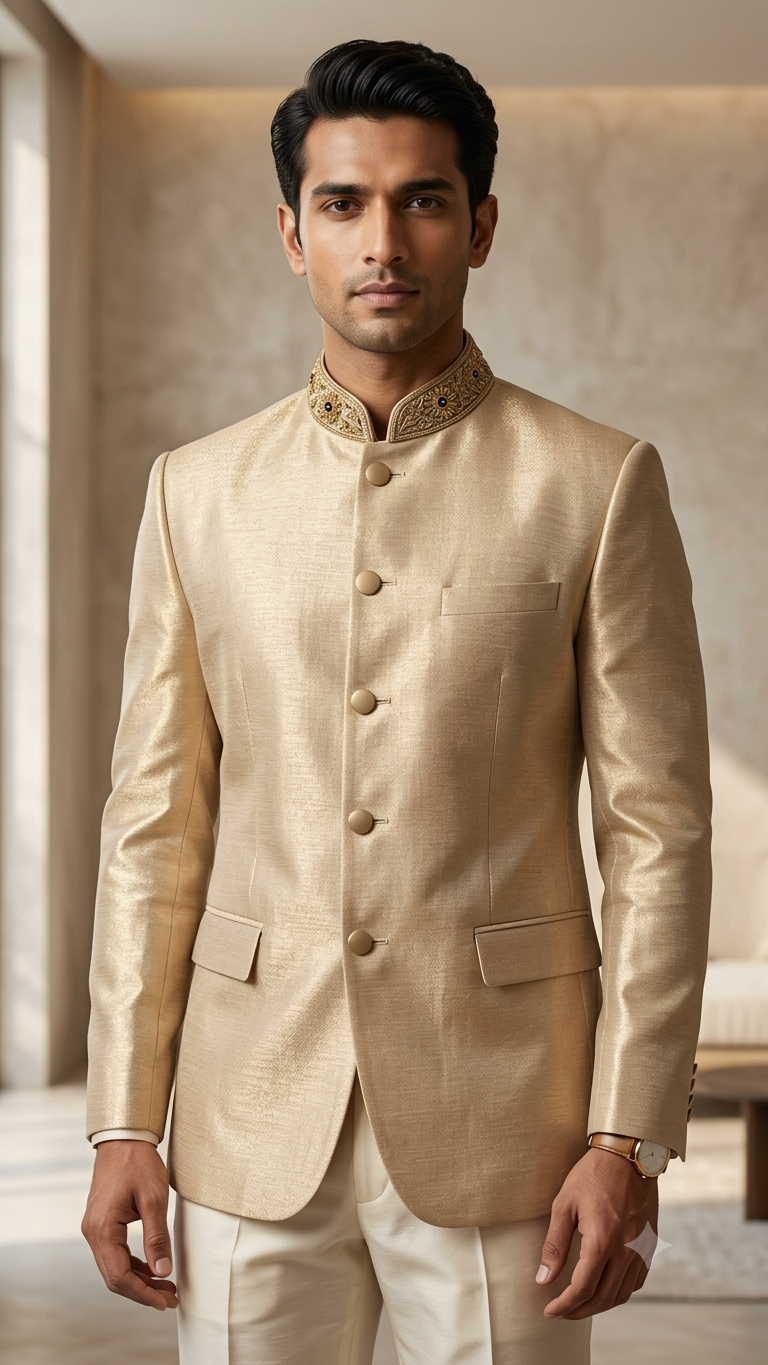 The Imperial Champagne Gold Silk Jodhpuri Set