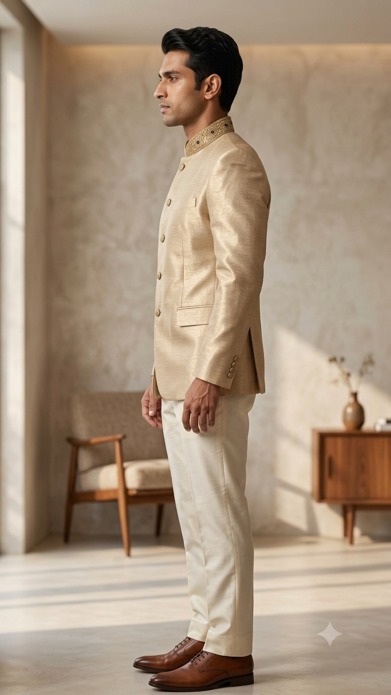 The Imperial Champagne Gold Silk Jodhpuri Set
