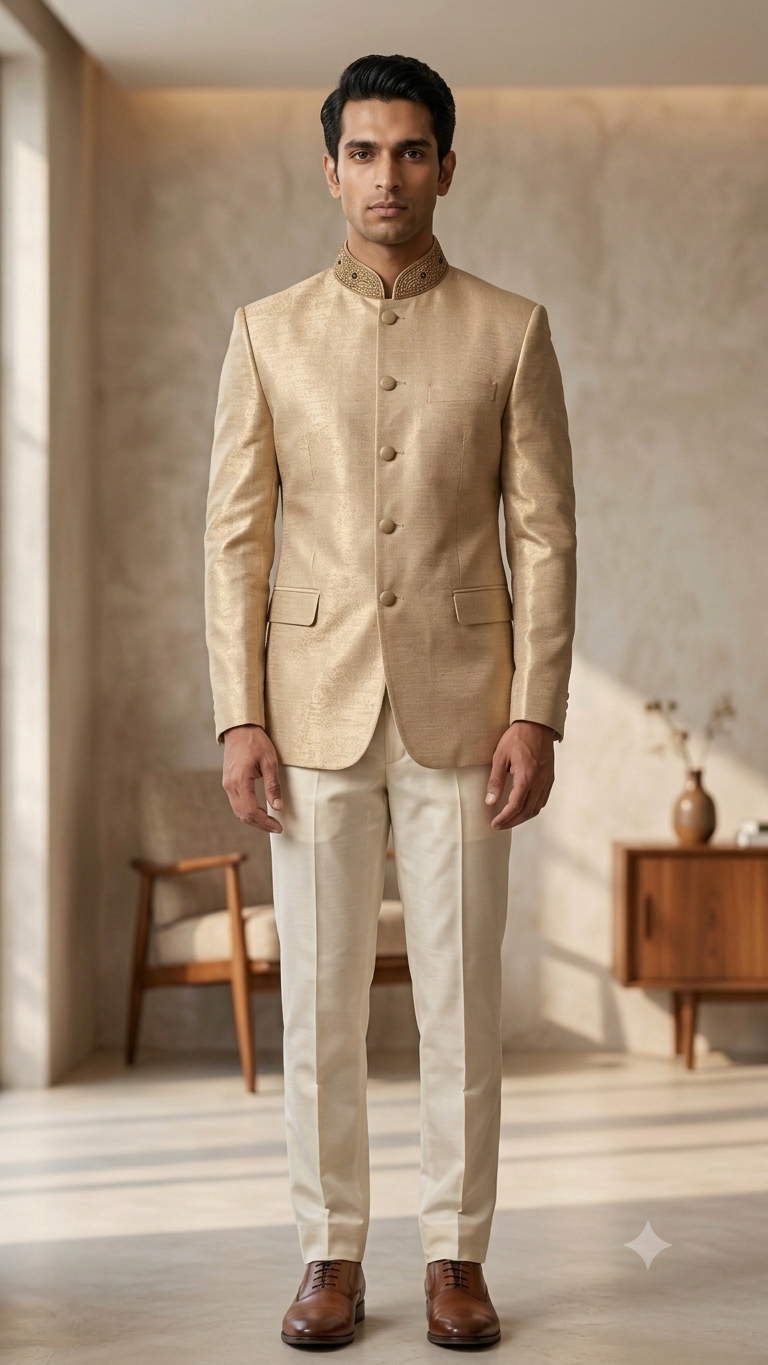 The Imperial Champagne Gold Silk Jodhpuri Set