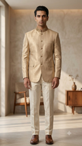 The Imperial Champagne Gold Silk Jodhpuri Set