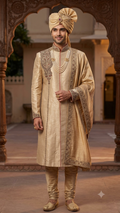 The Imperial Antique Gold Dupion Silk Sherwani Set