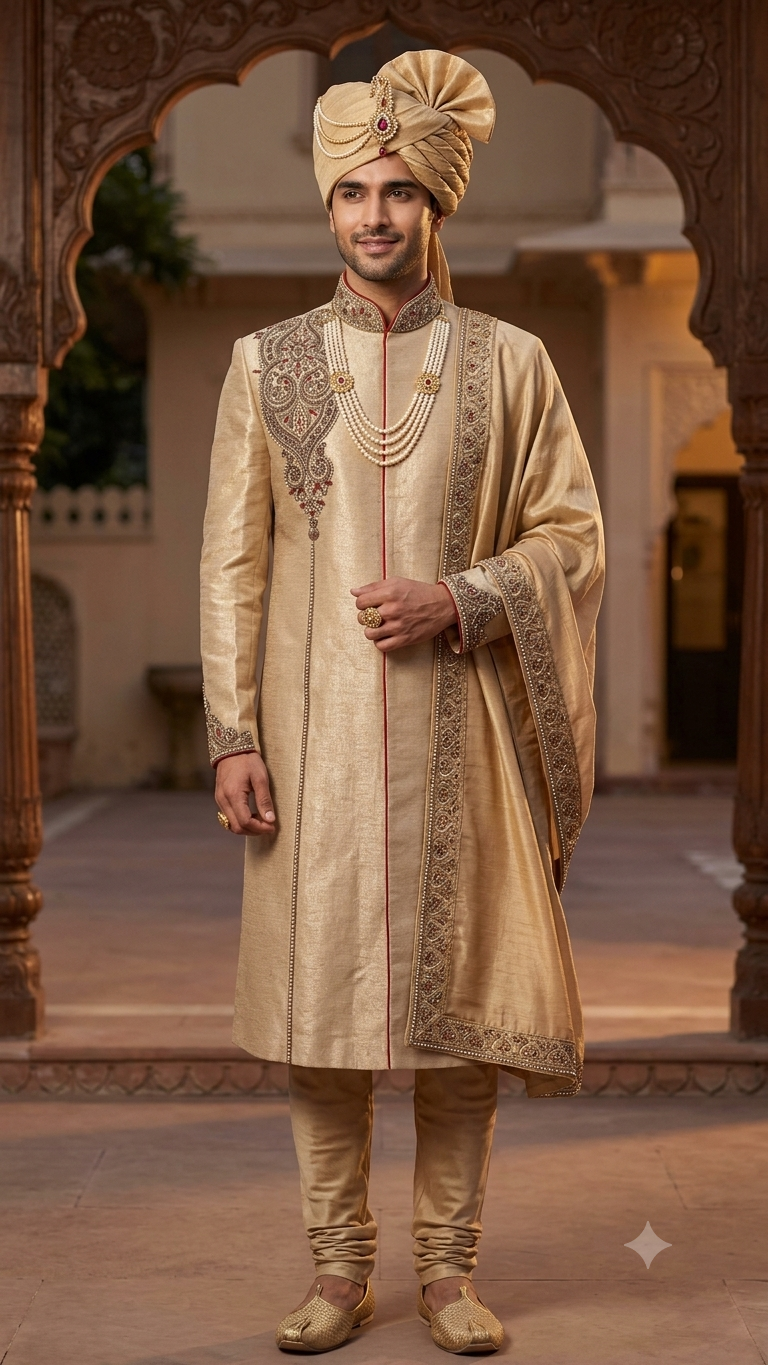 The Imperial Antique Gold Dupion Silk Sherwani Set