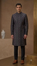 The Onyx-Charcoal Multi-Panelled Embroidered Silk Shervani