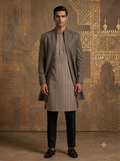 The Taupe All-Over Embroidered Open Jacket & Striped Kurta Set