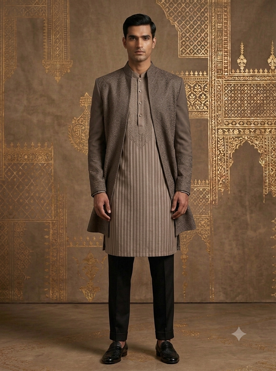 The Taupe All-Over Embroidered Open Jacket & Striped Kurta Set