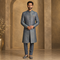 The Steel Blue Metallic Silk Brocade Indo-Western Set